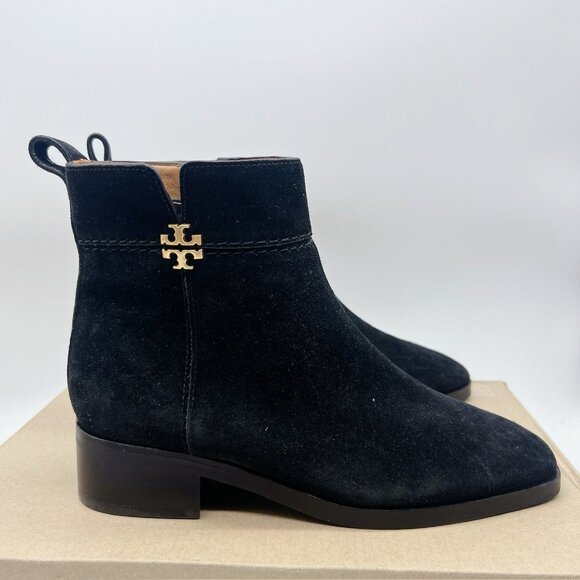 TORY BURCH Everly Ankle Boots Gold Logo Black Suede Side Zip US 7.5 $438 - Picture 1 of 11